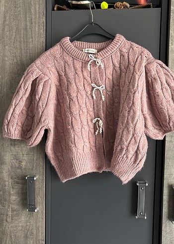 Pembe Kısa Kollu Örgü Kadın Kazak - Görsel 4