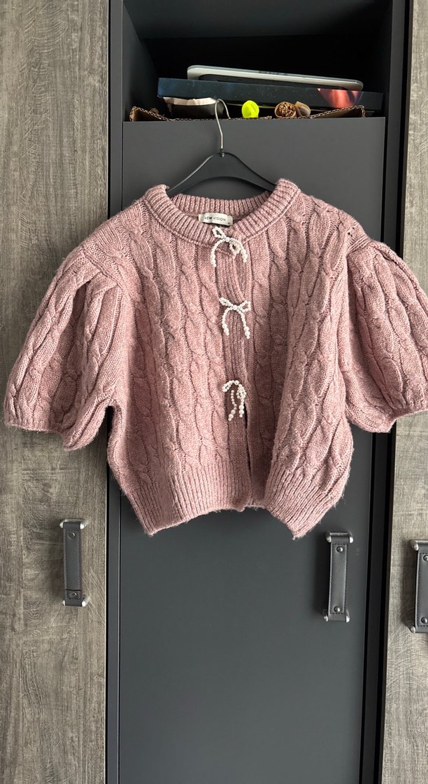 Pembe Kısa Kollu Örgü Kadın Kazak - Görsel 3