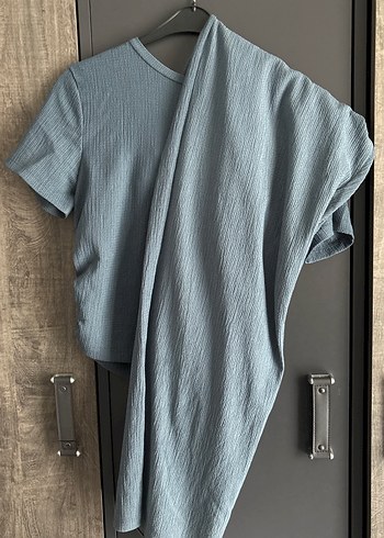 Mavi Keten Kadın Tişört, Pileli, Kısa Kollu takım - Görsel 3