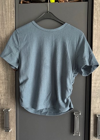 Mavi Keten Kadın Tişört, Pileli, Kısa Kollu takım - Görsel 2