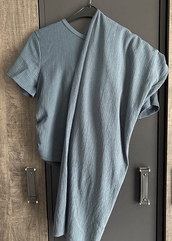 Mavi Keten Kadın Tişört, Pileli, Kısa Kollu takım - Görsel 4