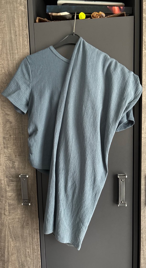 Mavi Keten Kadın Tişört, Pileli, Kısa Kollu takım - Görsel 3