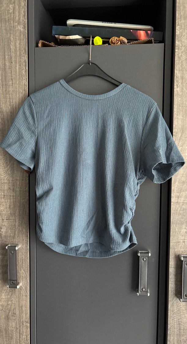 Mavi Keten Kadın Tişört, Pileli, Kısa Kollu takım - Görsel 2