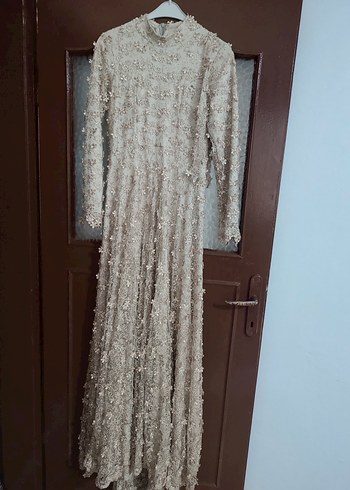 Bej Nakışlı Vintage Uzun Abiye Elbise