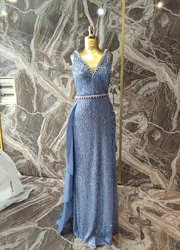 Uzun taşlı mavi abiye  - Görsel 6