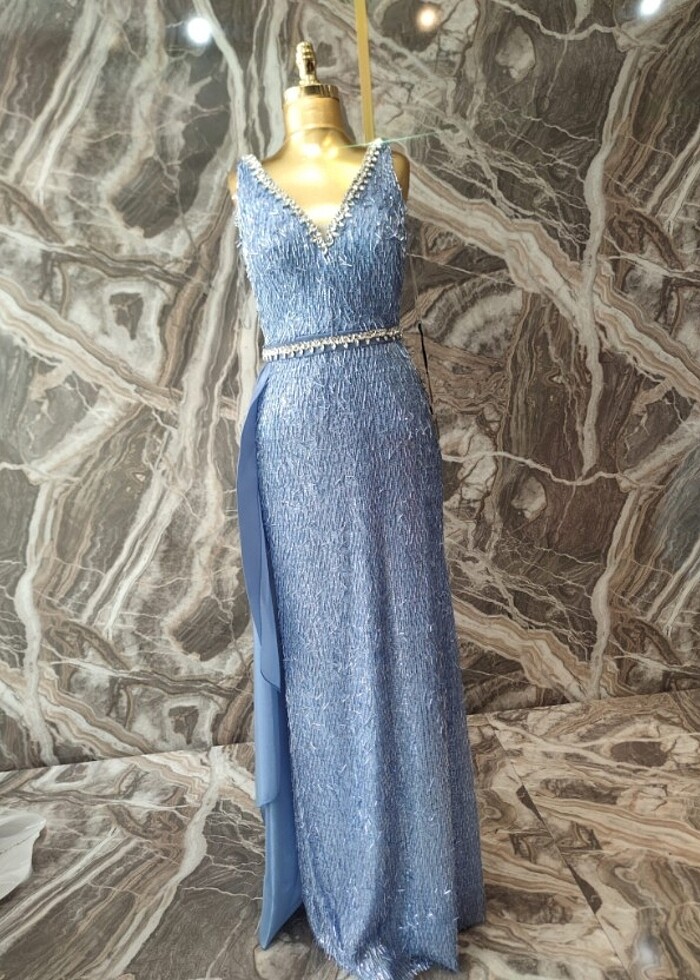 Uzun taşlı mavi abiye  - Görsel 2
