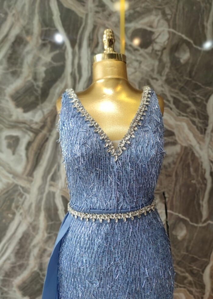 Uzun taşlı mavi abiye  - Görsel 4