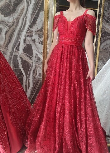 Kırmızı simli abiye  - Görsel 5