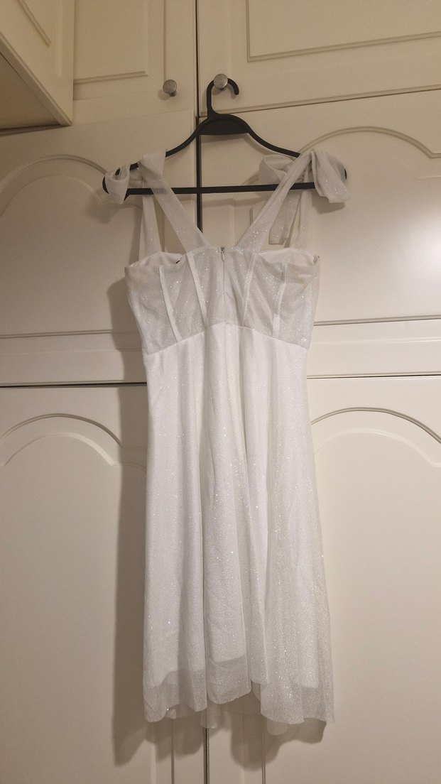 Beyaz Midi Drapeli Straplez Nikah Elbisesi - Görsel 2