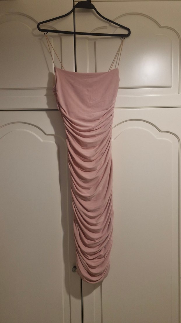 Pudra Pembe Drapeli Midi Straplez Elbise - Görsel 2