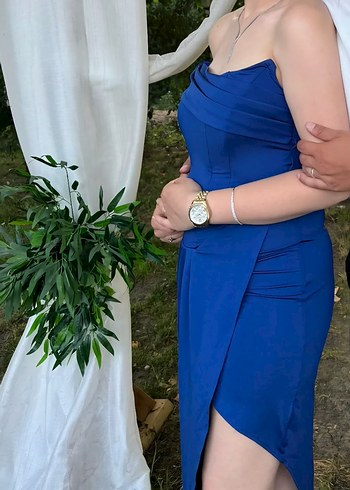 Mavi Straplez Uzun Drapeli Kadın Elbise - Görsel 2