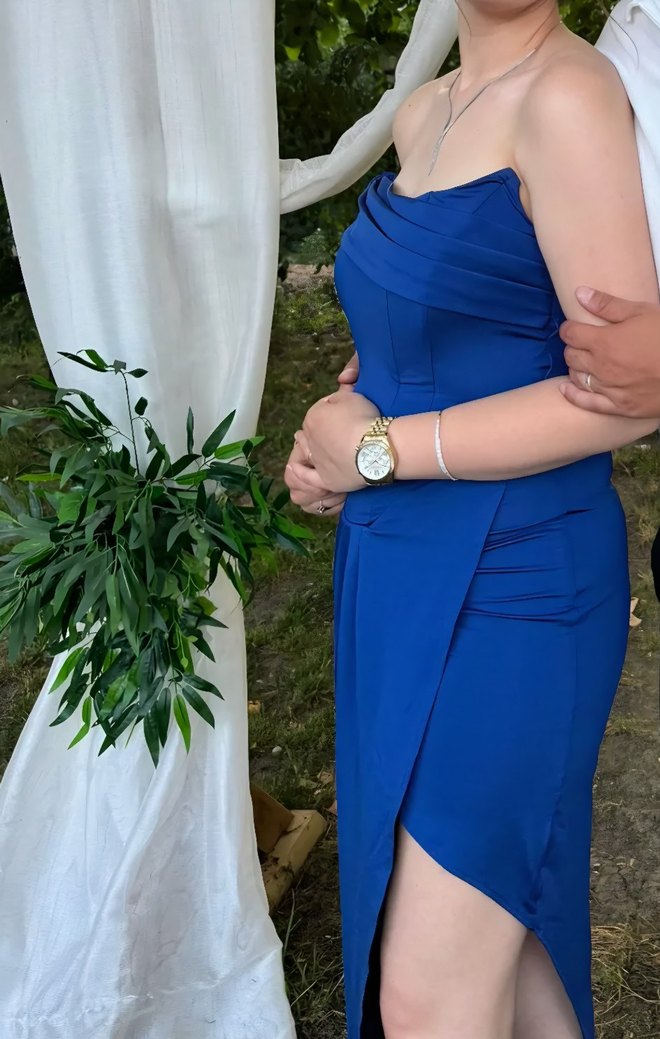 Mavi Straplez Uzun Drapeli Kadın Elbise - Görsel 2