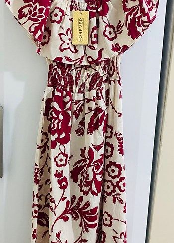 Çiçek Desenli bordo  Elbise keten kumaş - Görsel 2