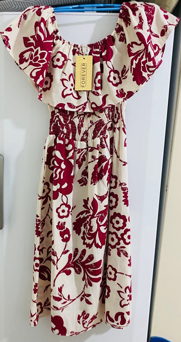 Çiçek Desenli bordo  Elbise keten kumaş - Görsel 2