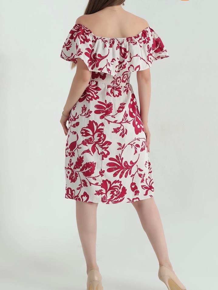 Çiçek Desenli bordo  Elbise keten kumaş - Görsel 4