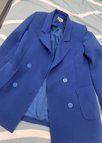 Düğmeli Mavi Kadın Midi Blazer Ceket - Görsel 4