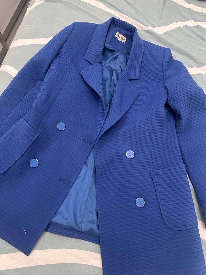 Düğmeli Mavi Kadın Midi Blazer Ceket - Görsel 4