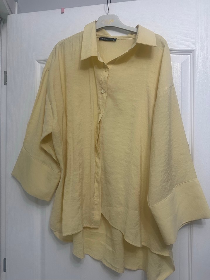 Sarı Keten Düğmeli Uzun Kollu Gömlek - Görsel 2