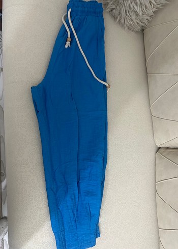 Mavi Rahat Kesim Keten Kadın Pantolon - Görsel 4