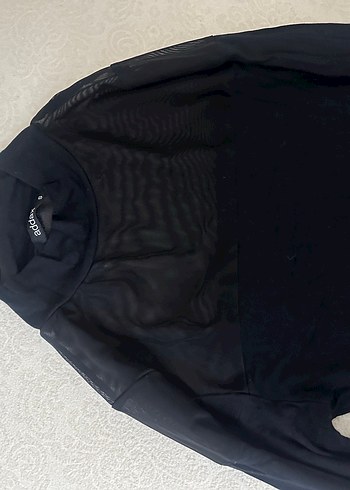 Drapeli Siyah  tül Kadın Boğazlı Bluz - Görsel 4