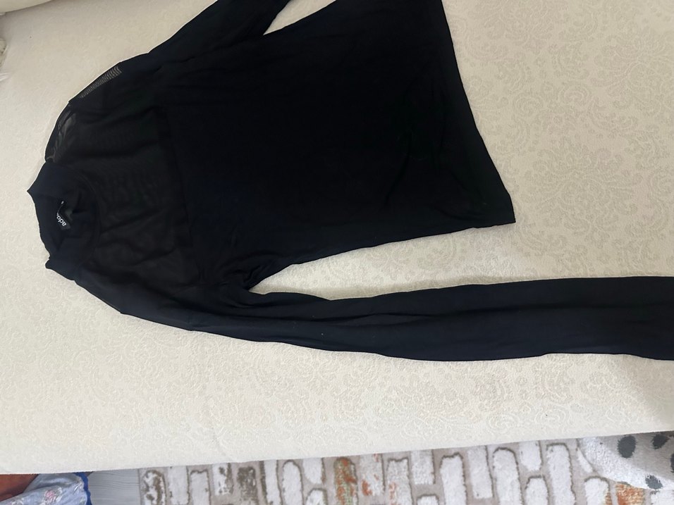 Drapeli Siyah  tül Kadın Boğazlı Bluz - Görsel 3