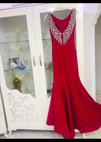 Kırmızı taş işlemeli Uzun Abiye Elbise - Görsel 2