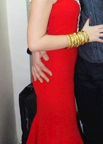 Kırmızı taş işlemeli Uzun Abiye Elbise - Görsel 3