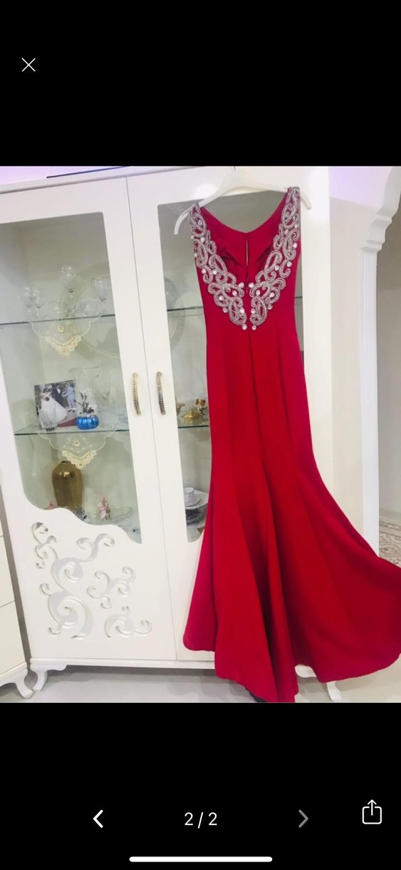 Kırmızı taş işlemeli Uzun Abiye Elbise - Görsel 2