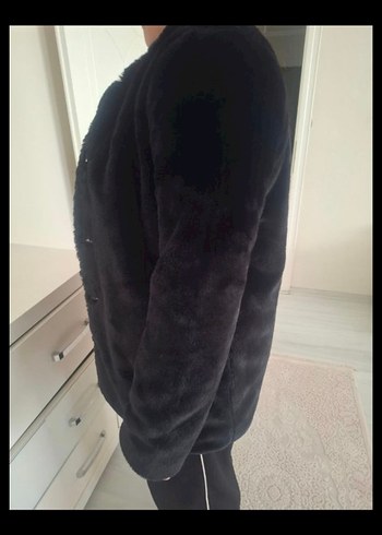 Siyah Kadın Midi Boy Peluş Kürk Ceket - Görsel 5