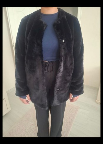 Siyah Kadın Midi Boy Peluş Kürk Ceket - Görsel 4