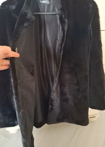 Siyah Kadın Midi Boy Peluş Kürk Ceket - Görsel 2