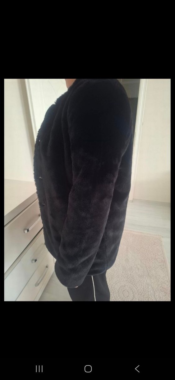 Siyah Kadın Midi Boy Peluş Kürk Ceket - Görsel 5