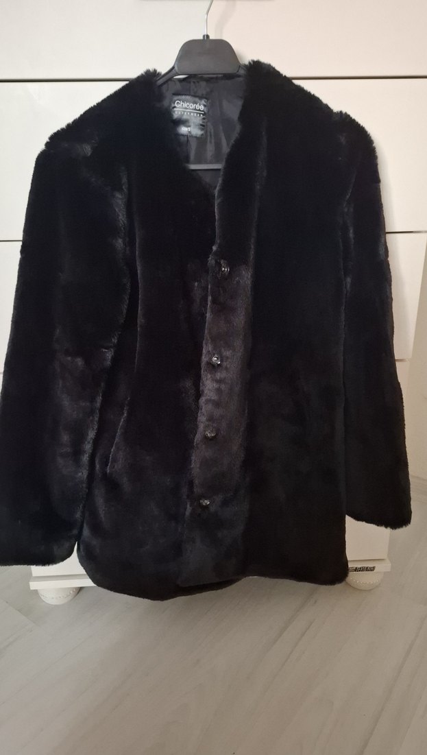 Siyah Kadın Midi Boy Peluş Kürk Ceket - Görsel 3