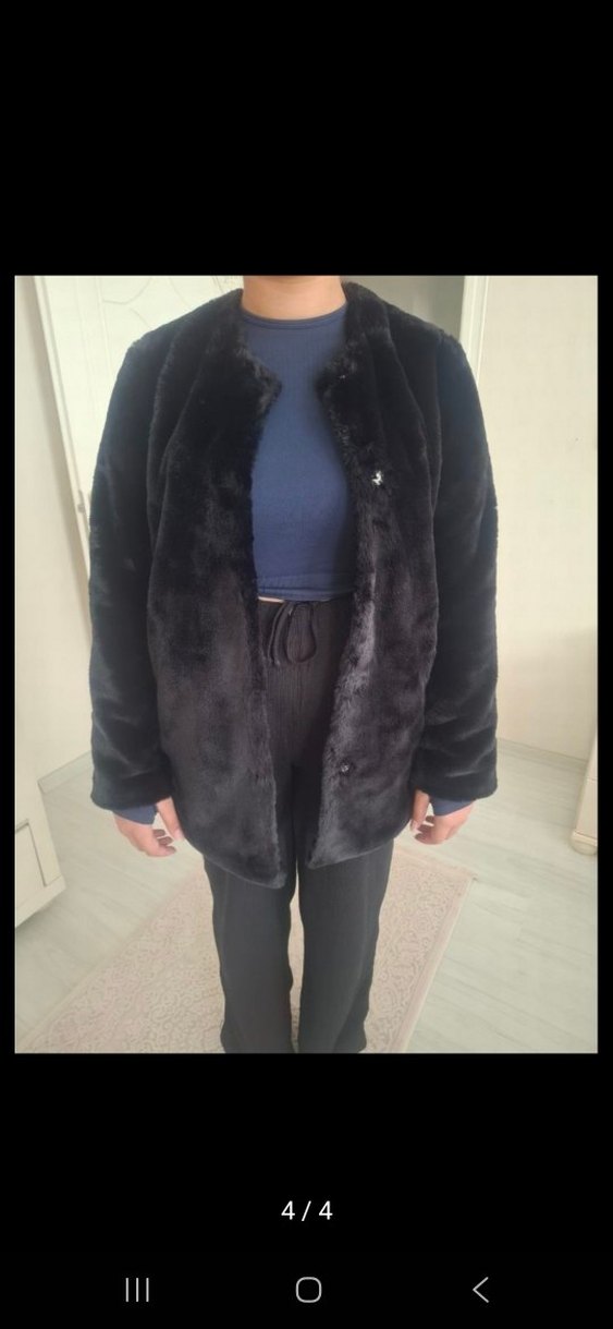 Siyah Kadın Midi Boy Peluş Kürk Ceket - Görsel 4