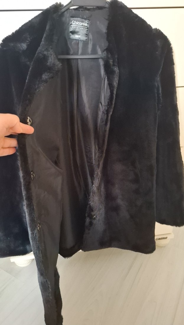 Siyah Kadın Midi Boy Peluş Kürk Ceket - Görsel 2