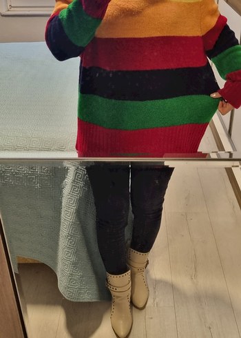 Çizgili, Boğazlı Triko Kadın Kazak - Görsel 2