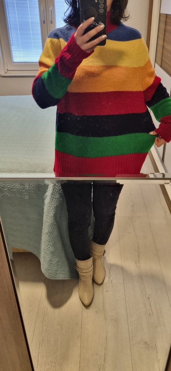 Çizgili, Boğazlı Triko Kadın Kazak - Görsel 2