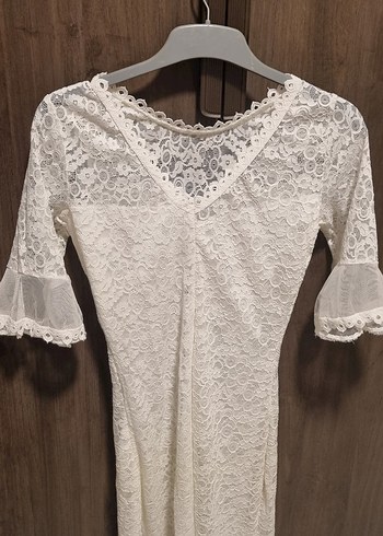 Dantel İşlemeli Beyaz Bohem Kısa Nişan Elbisesi - Görsel 2