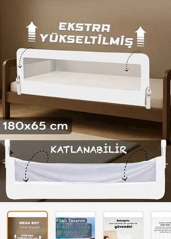 Beyaz Katlanabilir Yükseltilmiş Yatak Bariyeri 180x65 cm