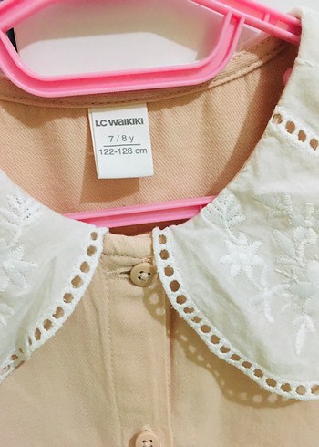 LC Waikiki Nakışlı Bej Kız Elbisesi, Kısa Kollu, Fırfırlı