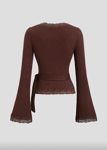 Kahverengi Dantel Detaylı Uzun Kollu Bluz - Görsel 2