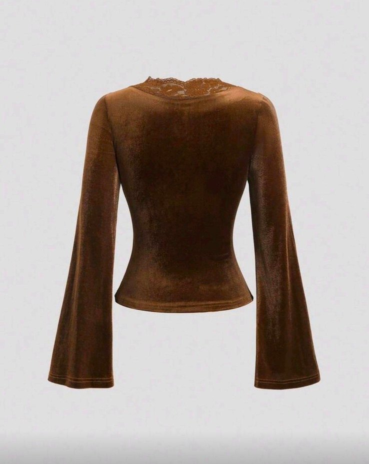 Kahverengi Kadife V Yaka Dantel Detaylı Gotik Bluz - Görsel 2