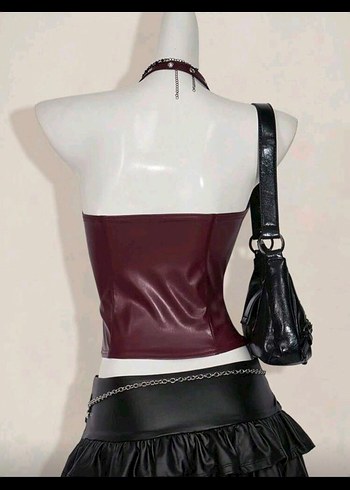 Bordo Deri Halter Yaka Gotik Büstiyer - Görsel 2