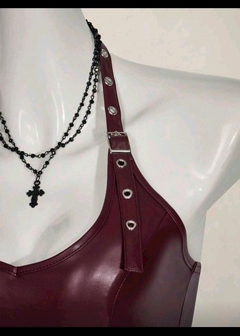 Bordo Deri Halter Yaka Gotik Büstiyer - Görsel 3