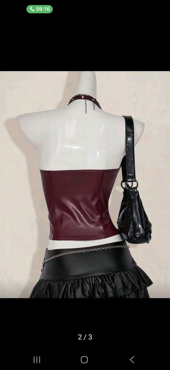 Bordo Deri Halter Yaka Gotik Büstiyer - Görsel 2