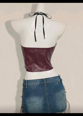 Burgundy Deri Kemerli Straplez Bustiyer - Görsel 2