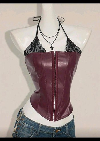 Burgundy Deri Kemerli Straplez Bustiyer - Görsel 3