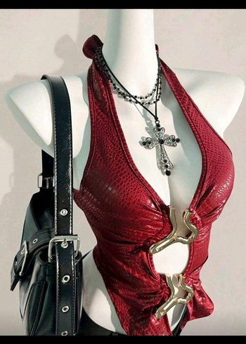 Kırmızı Yılan Derisi Desenli Deri Mini Yelek - Görsel 2