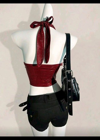 Kırmızı Yılan Derisi Desenli Deri Mini Yelek - Görsel 3