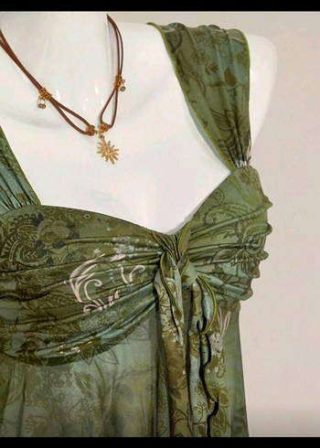 Kahverengi Bağcıklı Kısa Bohem Bluz - Görsel 3